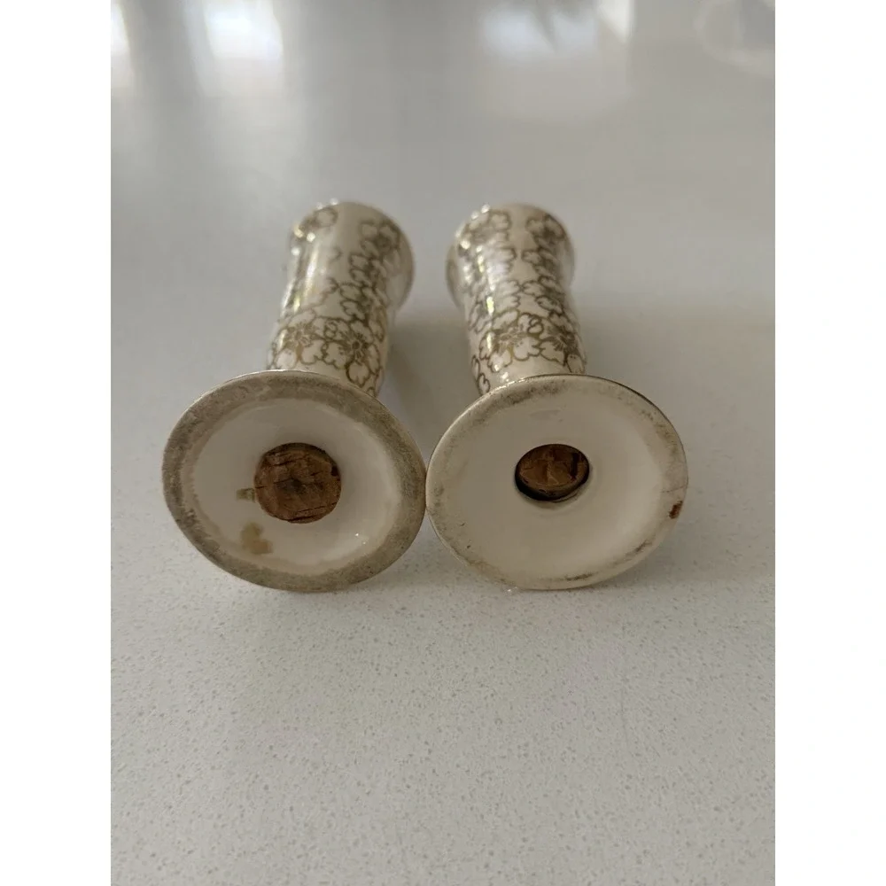 Vintage Iridescent Salt & Pepper Shakers Gold Cream Floral With‎ Stoppers